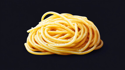 A close up shot of a nest of spaghetti pasta against a dark background in a studio setting