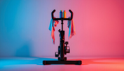 Colorful spin bike setup with towels and water bottles, fitness motivation