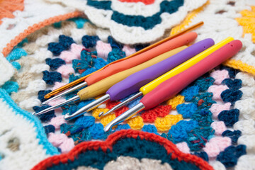 Colored Granny Squares and Crochet Hooks