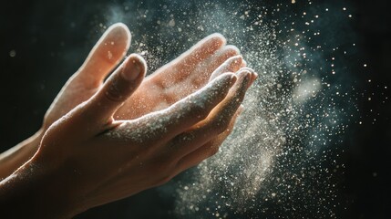 Fototapeta premium A close-up of a personâ€™s hands clapping, chalk dust exploding in the air