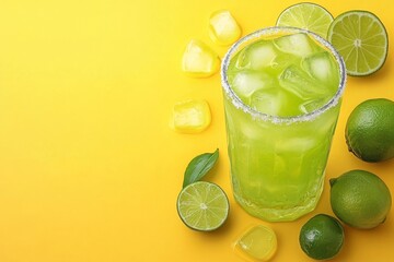 Fototapeta premium Refreshing green cocktail with lime and ice on vibrant yellow background for summer relaxation