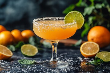 Fototapeta premium Refreshing citrus cocktail garnished with lime and mint on a dark surface with fresh oranges