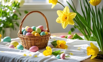 easter basket with easter eggs and daffodils