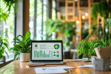 Office environment with green plants on desks, surrounded by charts and reports on sustainable business strategies, greenery report, sustainability metrics