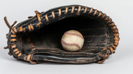 A baseball resting in the center of a black catchers mitt, neatly positioned on a seamless white backdrop