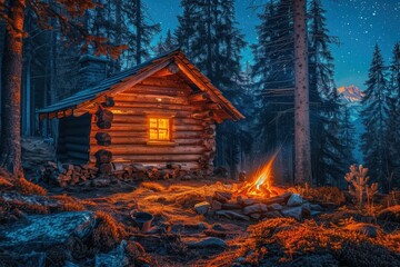 A cozy cabin in a forest at night, illuminated by warm light, surrounded by tall trees and a crackling campfire under a starry sky.