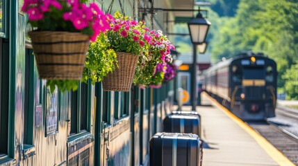 Vintage Train Station with Hanging Flower Baskets
