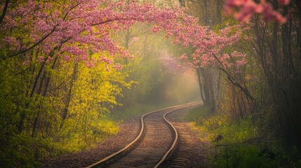 Winding Path Through Blooming Cherry Blossoms