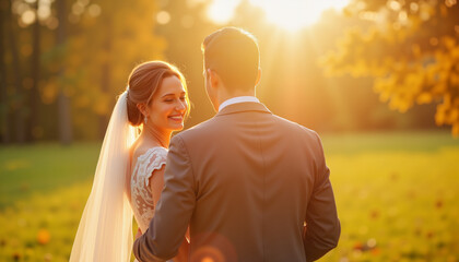 Groom smiles at bride in autumn park, wedding first look moment