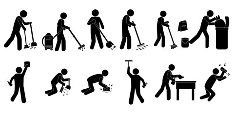 clean man with cleaning tool and equipmant icon stickman