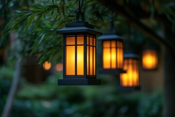 Warm glow of lanterns hanging among lush foliage creates a cozy evening atmosphere in a tranquil garden