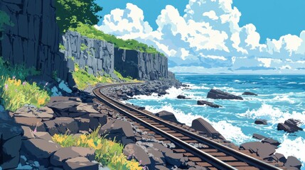 Winding Rocky Coastline with Crashing Waves in Sunlight