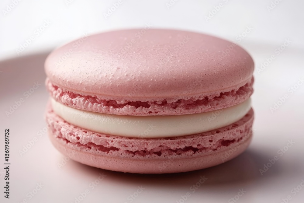 Poster pink macaron resting on a plate, showcasing its smooth texture and creamy filling, perfect for desse