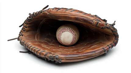 A close-up of a baseball nestled into the pocket of a catchers mitt, with soft shadows on a seamless white background
