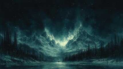 Majestic mountains and trees are viewed under a starry night sky