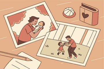 A nostalgic scene featuring old family photos scattered on a table with a vintage camera, preserving precious moments with loved ones