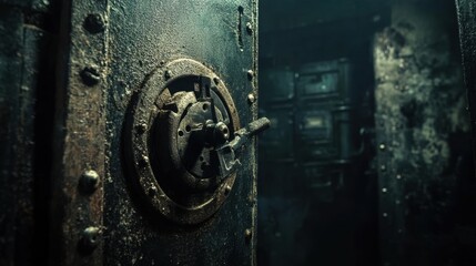 A close-up of broken lock mechanisms on ajar bank doors, leading into darkness