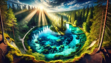 Fototapeta premium Blausee's enchanting turquoise waters reflecting golden sunrise in swiss alps