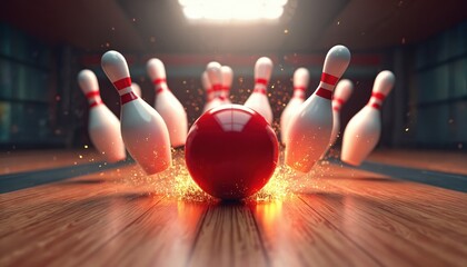 Red bowling ball crashes into pins, strike, motion blur. Bowling alley action, indoor sport. Competition game, leisure activity. Wooden floor, dynamic, energetic, 3d render.