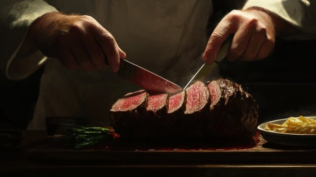 Masterful Meat Carving: A Chef's Precision in Slicing a Juicy Roast