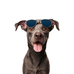 Cool dog wearing sunglasses posing stylishly isolated on a transparent background.