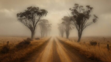 Fototapeta premium A desolate dirt road disappearing into a thick white haze, flanked by shadowy trees