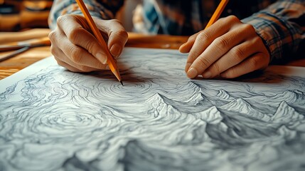 Close-up of hands sketching detailed mountain landscape.