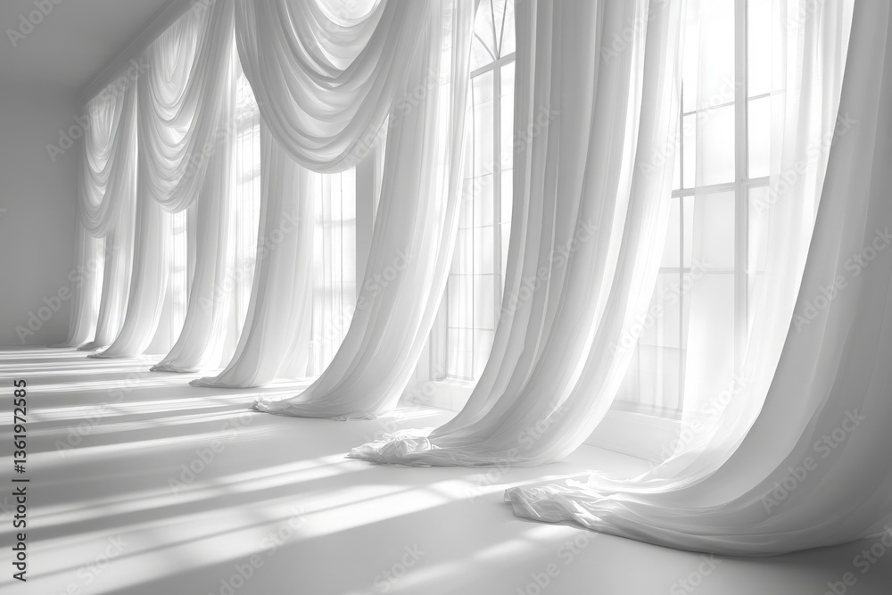 Aufkleber soft white curtains billow gently in bright sunlight filtering through spacious windows during the d