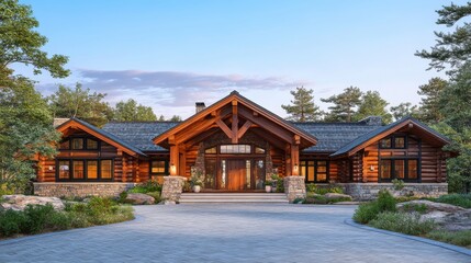 Modern log cabin home surrounded by trees and landscaped garden at sunset