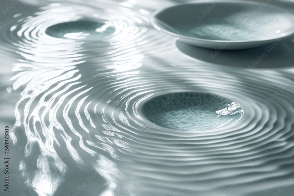 Aufkleber water droplets create ripples on a serene white surface with decorative plates in soft morning light