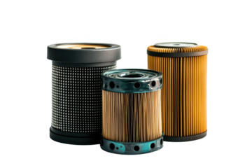 A studio shot of three cylindrical filters with different textures against on Isolated on white transparent background