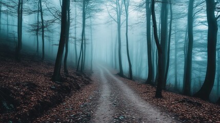 Naklejka premium A hauntingly beautiful forest path with thick fog rolling between tree trunks