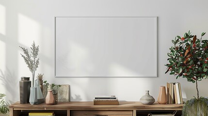 A white rectangular frame hanging in a hallway above a wooden console, decorated with vases, books, and plants.  HD 8K mockup wallpaper Photographic Image