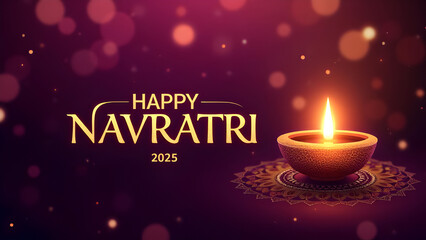Happy Navratri 2025 Greeting Card with Glowing Diya, Sacred Mandala, and Elegant Golden Text on Maroon Background &ndash; Hindu Festival, Spiritual Celebration, Poster, Invitation, and Social Media Banner