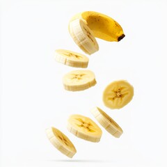 Flying banana slices, isolated on white background