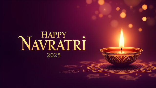 Happy Navratri 2025 Greeting Card with Glowing Diya, Sacred Mandala, and Elegant Golden Text on Maroon Background &ndash; Hindu Festival, Spiritual Celebration, Poster, Invitation, and Social Media Banner
