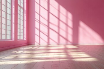 Obraz premium Bright pink interior with sunlight creating vibrant shadows on wooden floor