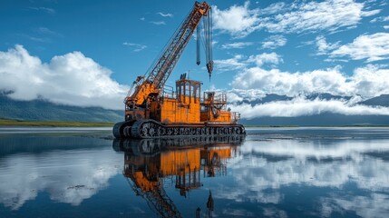 Fototapeta premium Serene Reflection: An Orange Crane at Rest
