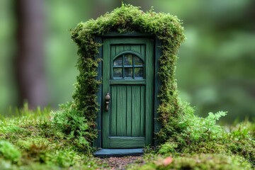 Miniature green door covered in moss nestled in a forest during daytime