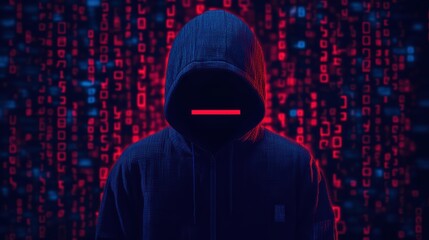 A mysterious figure in a hoodie stands against a backdrop of glowing binary code, evoking themes of anonymity and digital intrigue.