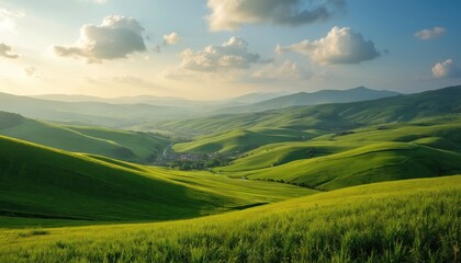 Obraz premium Scenic farmland landscape featuring rolling green hills, rich fields, under blue sky with fluffy clouds. Rural countryside with agricultural fields, mountain range in background. Peaceful, serene