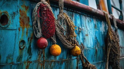 Colorful Buoys and Weathered Ropes on a Boat's Side Surface