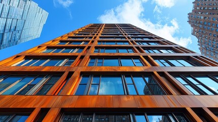 Naklejka premium A towering orange building with many rectangular reflective windows