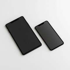 Naklejka premium Blank black tablet and phone, isolated on white, perspective view