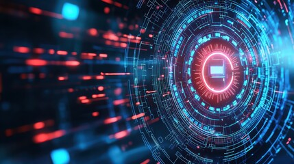 Obraz premium A futuristic digital design featuring vibrant blue and red patterns, creating a sense of movement and depth, resembling a high-tech interface or data visualization.