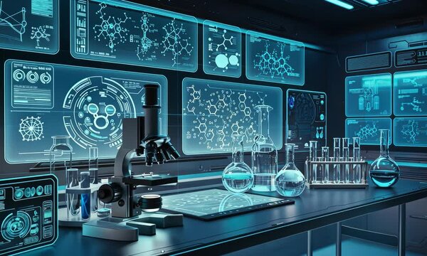 Futuristic laboratory with advanced scientific equipment and holographic displays
