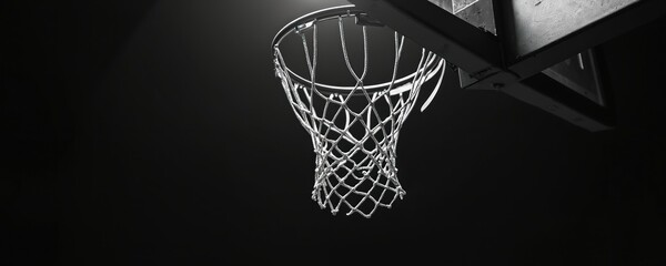 Monochrome basketball hoop with a dark background under the spotlight. Hoop net rim contrast concept for sports game, competition, challenge victory. Black and white texture. Abstract modern art.