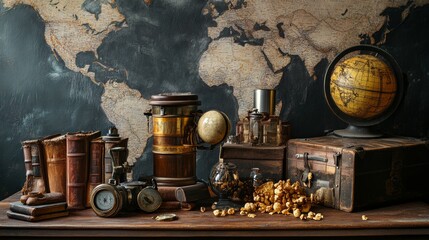 World map with vintage books, globes and travel decor