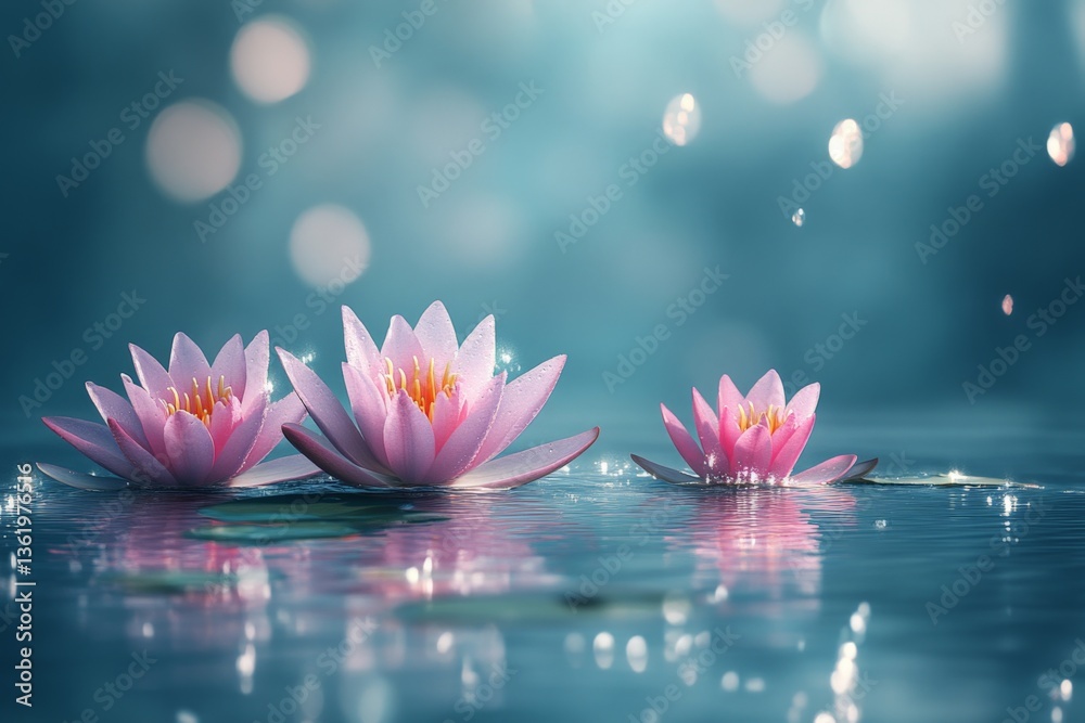 Poster pink water lilies float gracefully on a tranquil pond surrounded by soft reflections and shimmering 