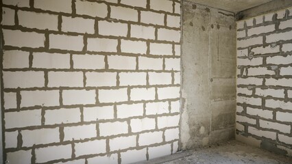 Construction workers carefully building white brick wall inside spacious, empty apartment using professional skills and precise bricklaying techniques. 